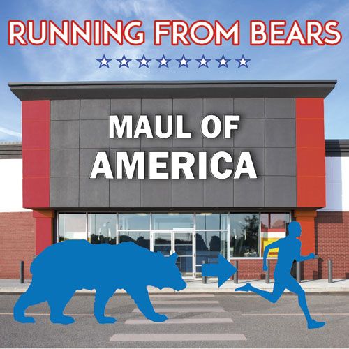 Blue silhouette  of a man running from a bear in the parking lot in front of a mall named Maul Of America
